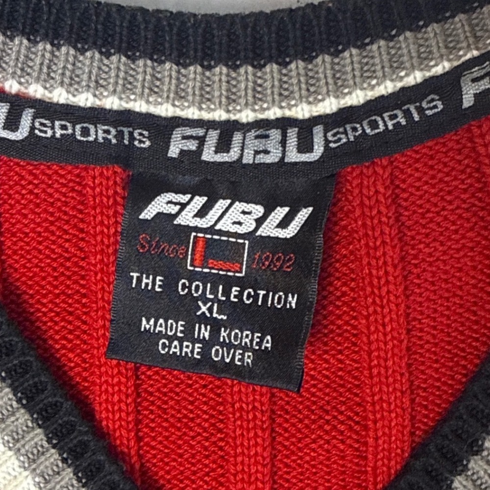Vintage Y2K FUBU Red Cable Knit Sweater‎ Vest V-Neck Striped XL 90s Streetwear - Picture 7 of 10